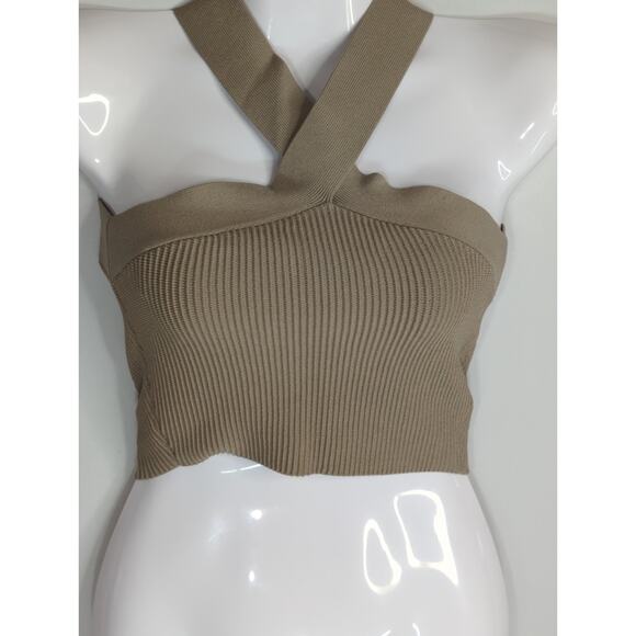 Babaton Saville Tan Sculpt Knit Criss Cross Cropped Tank Womens XS Halter Top - Picture 4 of 10